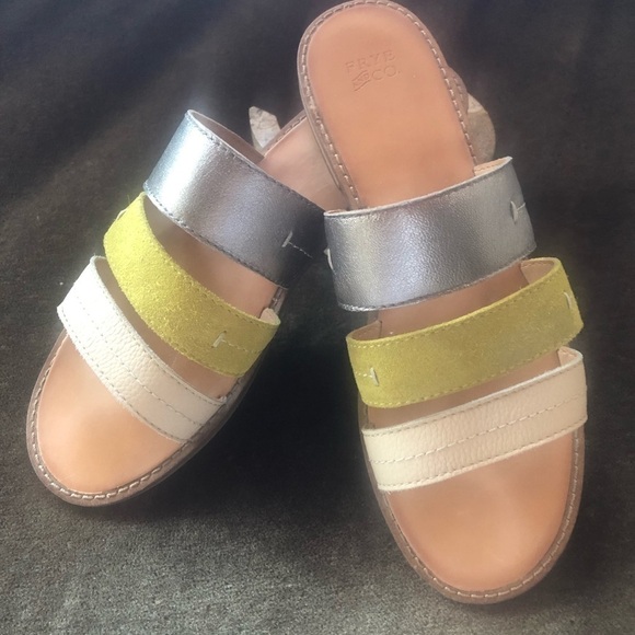 Frye & Co. Evie 3 Band Slide Lime multi Leather Slides Flats Shoes 7.5M - Picture 2 of 11